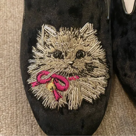 Kate Spade New In Box Cat Lounge Loafer Whiskers Meow Black Crushed Velvet 7.5