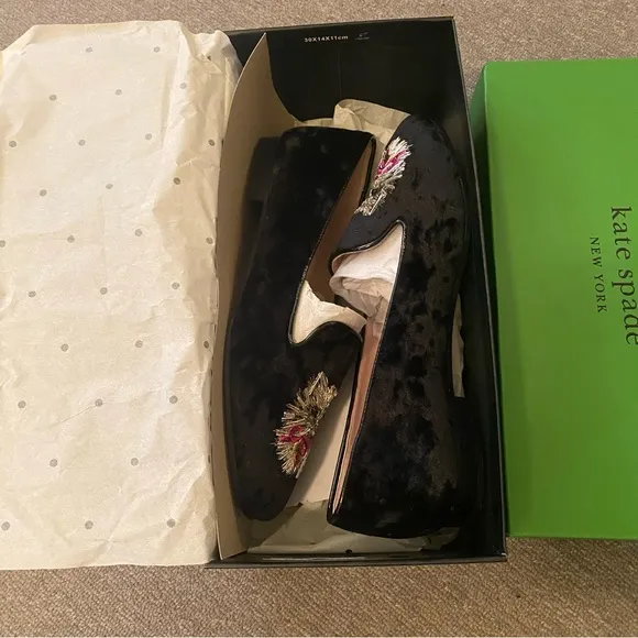 Kate Spade New In Box Cat Lounge Loafer Whiskers Meow Black Crushed Velvet 7.5