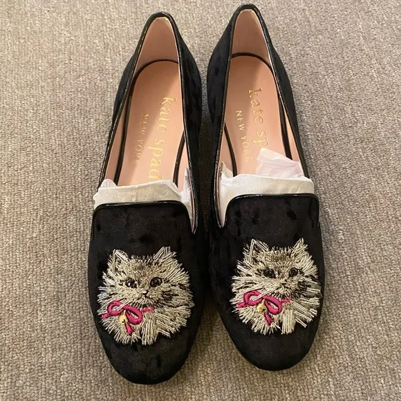 Kate Spade New In Box Cat Lounge Loafer Whiskers Meow Black Crushed Velvet 7.5