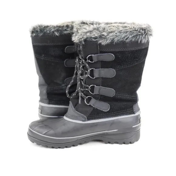 KHOMBU Women's Black Leather Rubber Winter Snow Boots Fleece Lined Mid Calf 7