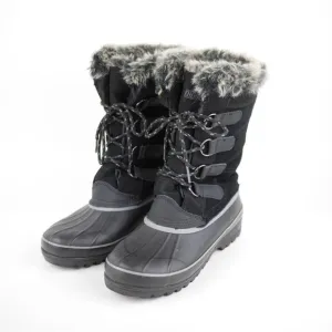 KHOMBU Women's Black Leather Rubber Winter Snow Boots Fleece Lined Mid Calf 7