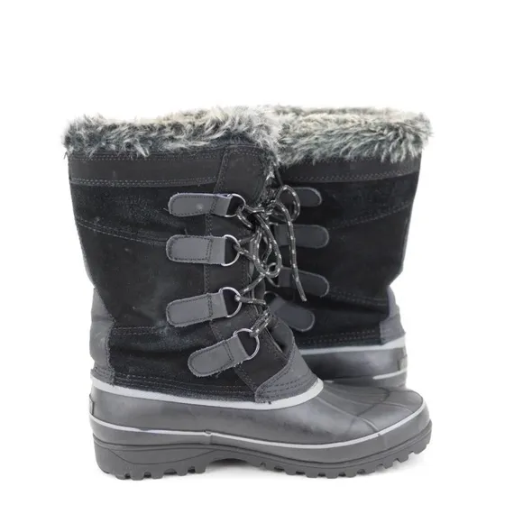 KHOMBU Women's Black Leather Rubber Winter Snow Boots Fleece Lined Mid Calf 7