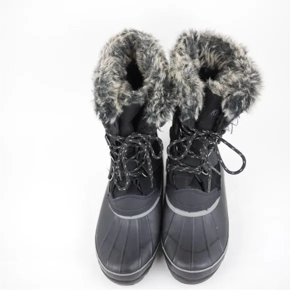 KHOMBU Women's Black Leather Rubber Winter Snow Boots Fleece Lined Mid Calf 7