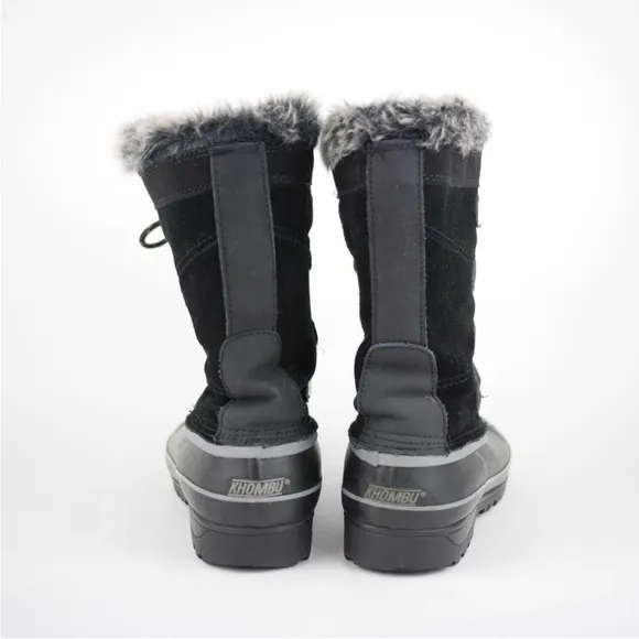 KHOMBU Women's Black Leather Rubber Winter Snow Boots Fleece Lined Mid Calf 7