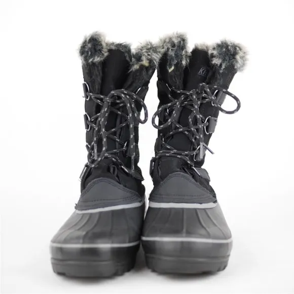 KHOMBU Women's Black Leather Rubber Winter Snow Boots Fleece Lined Mid Calf 7