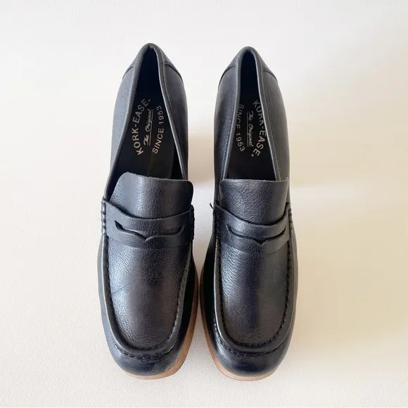 Kork-Ease Barbara Penny Loafers Shoes Leather Platform Casual Classic Black 8.5
