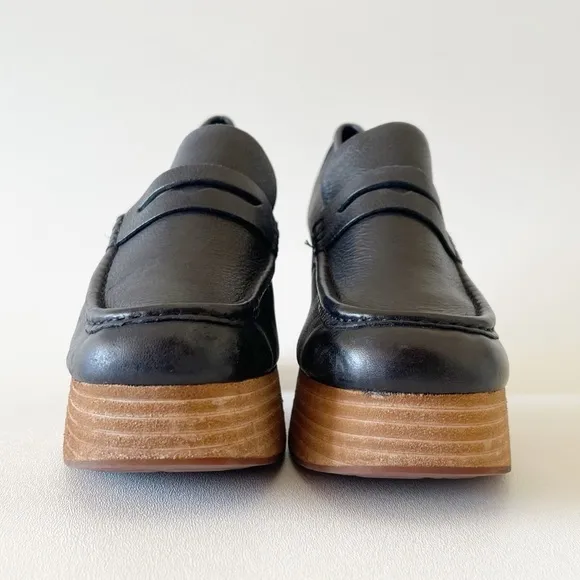 Kork-Ease Barbara Penny Loafers Shoes Leather Platform Casual Classic Black 8.5