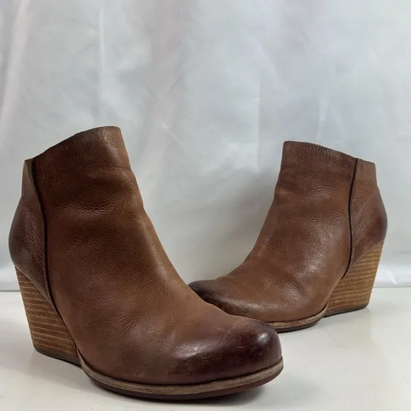 Kork-Ease Destressed Brown Leather Wedge Women's Ankle Boots