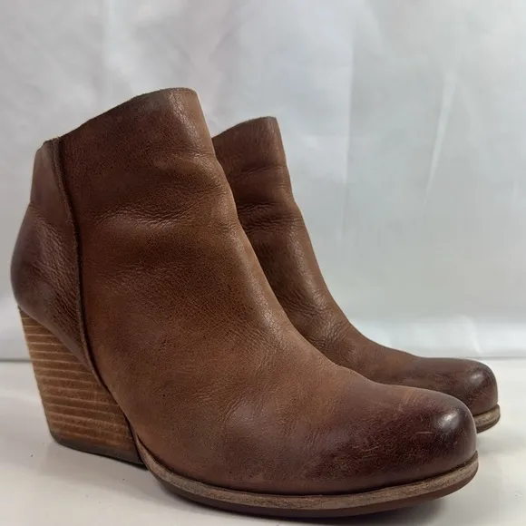 Kork-Ease Destressed Brown Leather Wedge Women's Ankle Boots