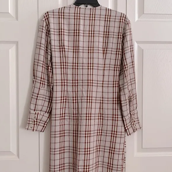 L’ Academie Midi Dress Pauline Brown Plaid Waist Tie Long Sleeve Size S