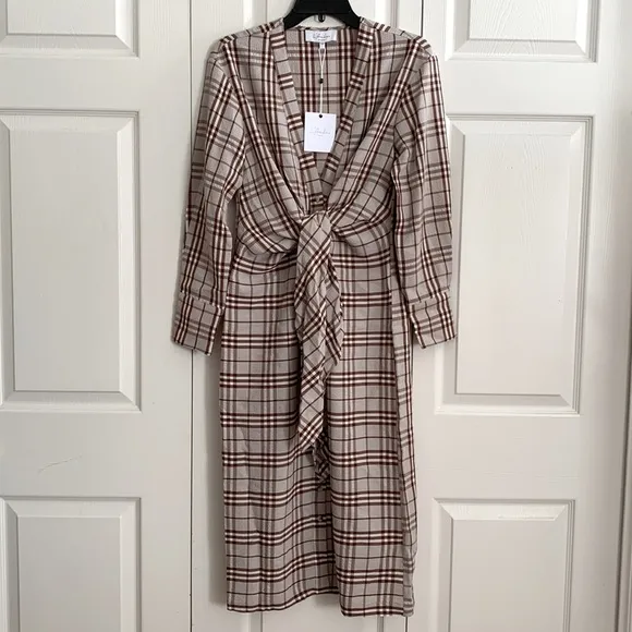 L’ Academie Midi Dress Pauline Brown Plaid Waist Tie Long Sleeve Size S