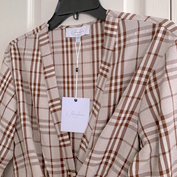 L’ Academie Midi Dress Pauline Brown Plaid Waist Tie Long Sleeve Size S