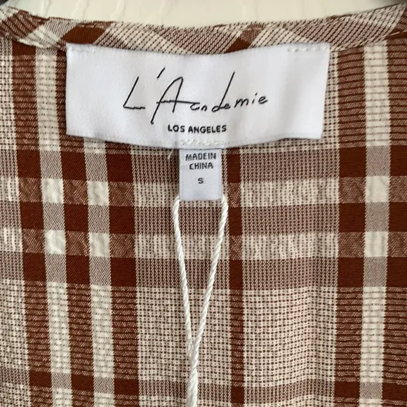 L’ Academie Midi Dress Pauline Brown Plaid Waist Tie Long Sleeve Size S