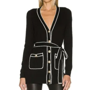 L’AGENCE Ronny Black White Merino Wool Cotton Tie Waist Cardigan Sweater