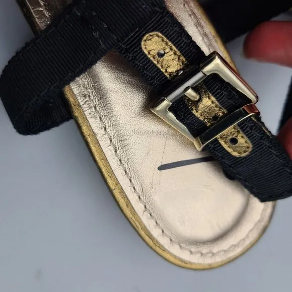 Lanvin Women thong  sandals bow grosgrain  black gold low heel sz 7.5 37.5