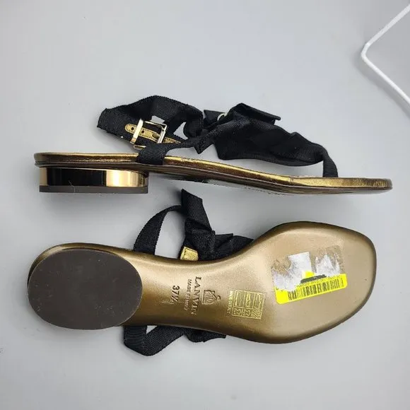 Lanvin Women thong  sandals bow grosgrain  black gold low heel sz 7.5 37.5