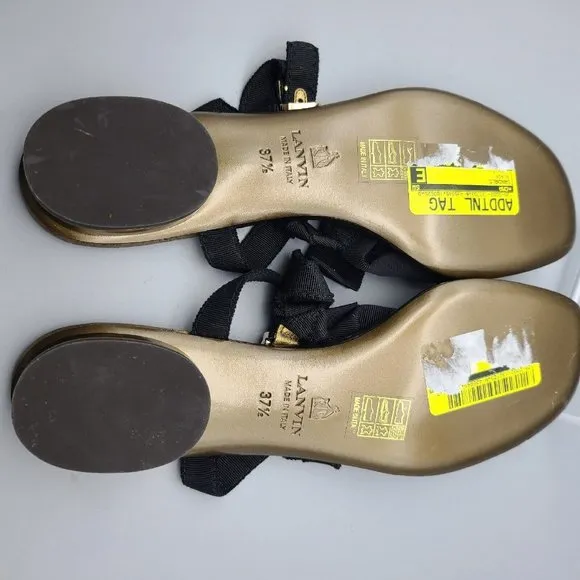 Lanvin Women thong  sandals bow grosgrain  black gold low heel sz 7.5 37.5