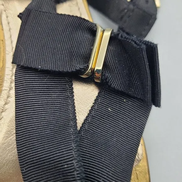 Lanvin Women thong  sandals bow grosgrain  black gold low heel sz 7.5 37.5
