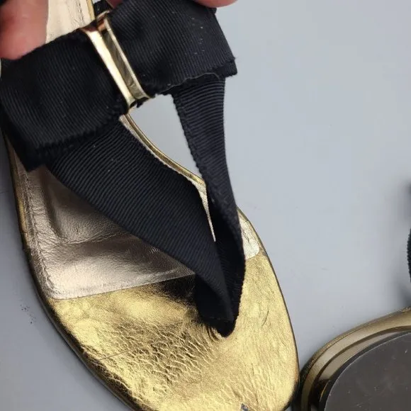 Lanvin Women thong  sandals bow grosgrain  black gold low heel sz 7.5 37.5