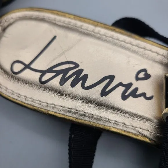 Lanvin Women thong  sandals bow grosgrain  black gold low heel sz 7.5 37.5