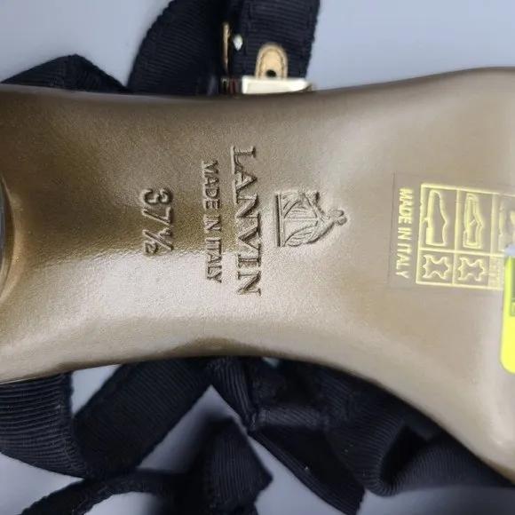 Lanvin Women thong  sandals bow grosgrain  black gold low heel sz 7.5 37.5