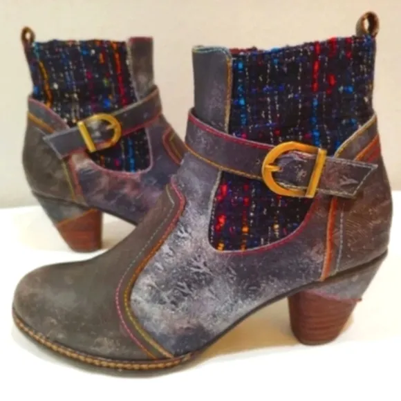 L'Artiste Spring Step Boots Cienna Distressed Multicolor Leather US 7.5 - 8 Zip
