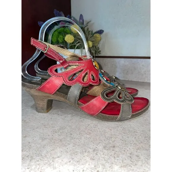 LArtiste Womens Red &amp; Brown Leather Open-Toe Heeled Sandals With Gemstone Accent