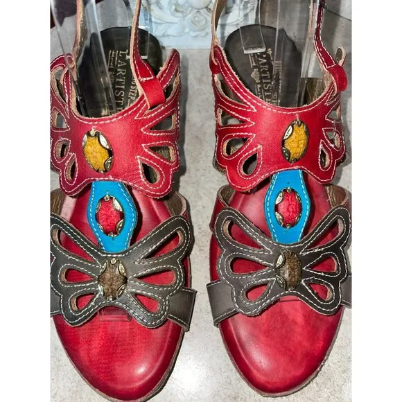 LArtiste Womens Red &amp; Brown Leather Open-Toe Heeled Sandals With Gemstone Accent