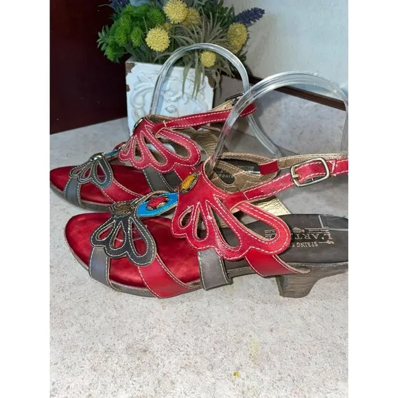 LArtiste Womens Red &amp; Brown Leather Open-Toe Heeled Sandals With Gemstone Accent