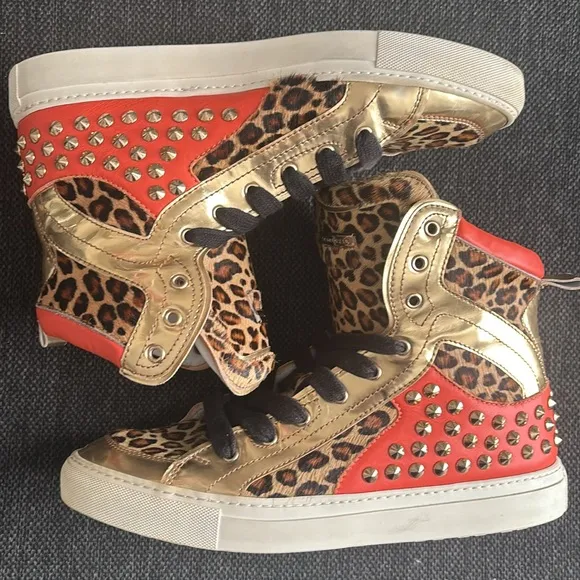 Leopard Print High-Top Sneakers with Gold Accents