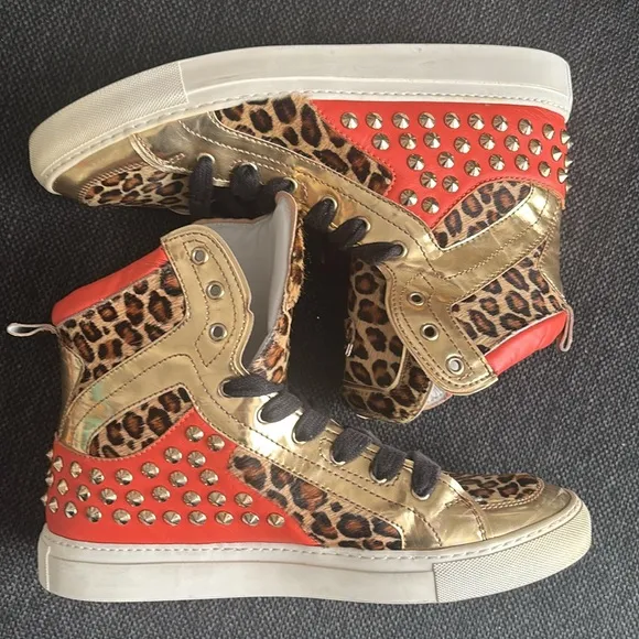 Leopard Print High-Top Sneakers with Gold Accents