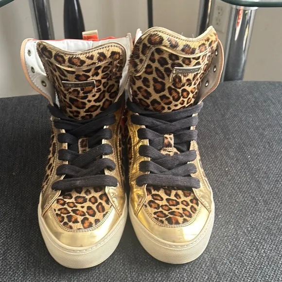 Leopard Print High-Top Sneakers with Gold Accents