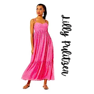 Lilly Pulitzer Hiedi Smocked Maxi Aura Pink &amp; Gold Beachwear Sundress Womens 12