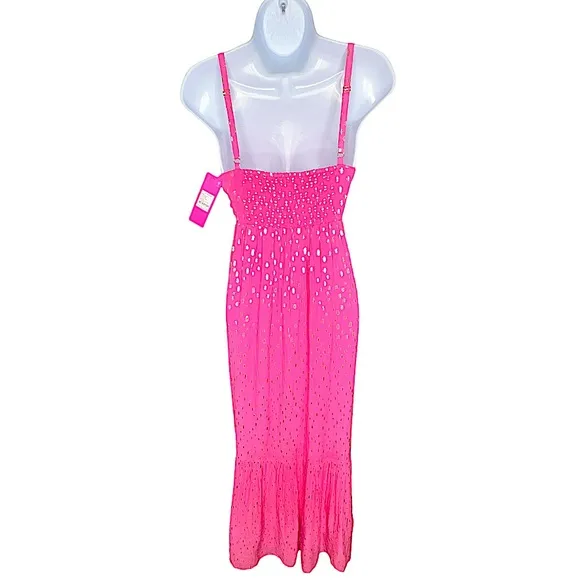 Lilly Pulitzer Hiedi Smocked Maxi Aura Pink &amp; Gold Beachwear Sundress Womens 12