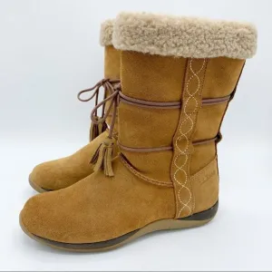 LL Bean Brown Suede Leather Zip Moccasin Winter Fleece Lined Boots Girls