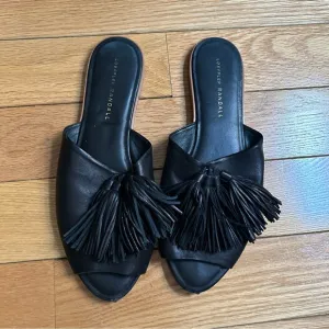 Loeffler Randall Kiki Tassel Black Pom Pom Leather Sandals Flats Shoes Women 8 B