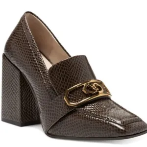 LOUISE ET CIE Olisa Snakeskin Square Toe Gold Chain Classic Brown Heeled Loafers