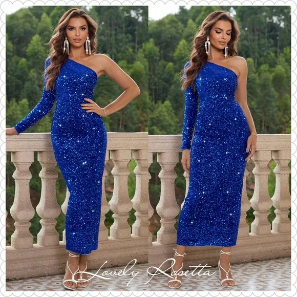 Lovely Rosetta Blue Sequin One-Shoulder Dress