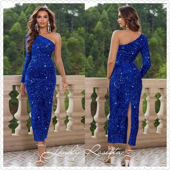 Lovely Rosetta Blue Sequin One-Shoulder Dress