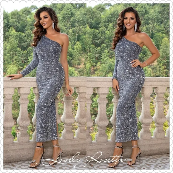 Lovely Rosetta Blue Sequin One-Shoulder Dress