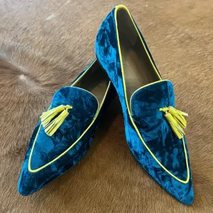 Luxurious Velvet Loafers Teal Yellow Saint G Simona Pointed Toe Smoking slippers