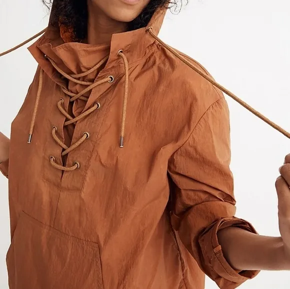 Madewell Lace-Up Water Resistant Casual Solid Crinkle Hoodie Popover Jacket