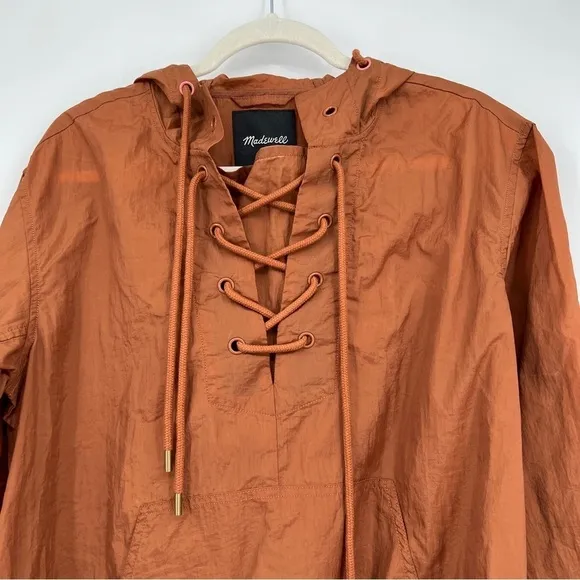 Madewell Lace-Up Water Resistant Casual Solid Crinkle Hoodie Popover Jacket