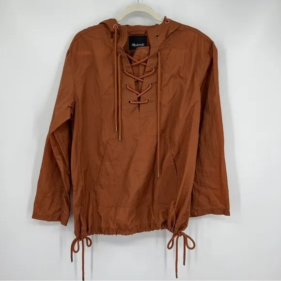 Madewell Lace-Up Water Resistant Casual Solid Crinkle Hoodie Popover Jacket