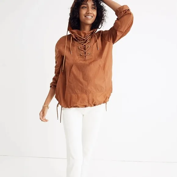 Madewell Lace-Up Water Resistant Casual Solid Crinkle Hoodie Popover Jacket