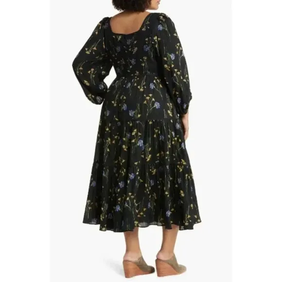 Madewell Xiomara Floral Print Tiered Cotton Dress in True Black  Sz: 26W