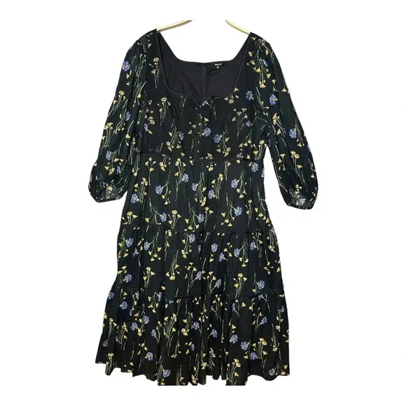 Madewell Xiomara Floral Print Tiered Cotton Dress in True Black  Sz: 26W