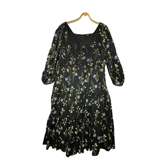 Madewell Xiomara Floral Print Tiered Cotton Dress in True Black  Sz: 26W