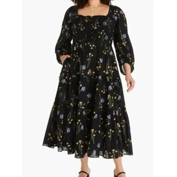 Madewell Xiomara Floral Print Tiered Cotton Dress in True Black  Sz: 26W