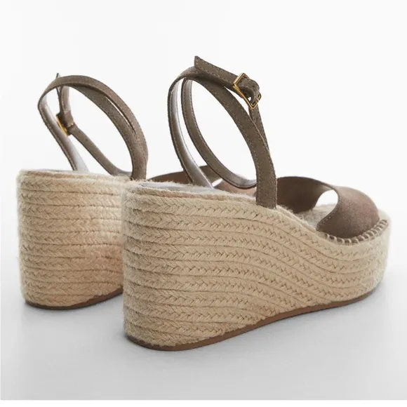 MANGO wedge leather sandals, jute, ankle strap